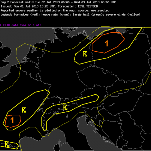 Fig. 2: day 2 forecast valid for the period 06 UTC Tue 2 July 2013 to 06 UTC Wed 3 July 2013.