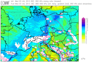 Fig. 1: GFS (top) and ECMWF forecasts for low-level moisture (color shades) and lapse rates (red contour lines, plotted above 6.5 K/km) for 18 UTC Wed 3 Jul 2013.