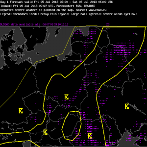 Fig. 2: Day 1 forecast for Fri 5 July 2013, issued by team 2.