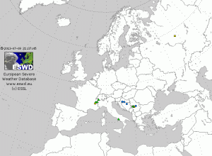 Fig. 2: ESWD reports (yellow: severe wind, green: large hail, blue: excessive rain) between 06 UTC Mon 8 July and 06 UTC Tue 9 July 2013.