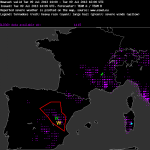 Fig. 3: Verification of the nowcast issued at 14 UTC Tue 9 July 2013, valid until 16 UTC.