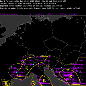 Fig. 2. Verification of the day 1 forecast valid for Tue 9 July 2013.