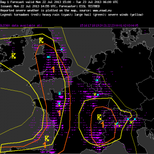 Fig. 1: Verification of the day 1 forecast valid for Mon 22 July 2013.