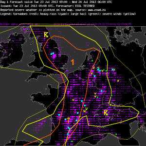 Fig. 1: Verification of the day 1 forecast issued yesterday (Tue 23 July 2013).