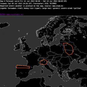 Fig.4: Orange lines showing where some enhanced probabilities for severe thunderstorms are forecast.