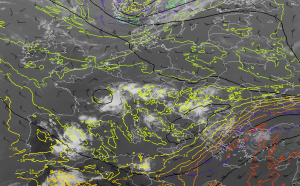 Fig.1 IR 10.8 and 300 hPa winds (barbs), heights (lines) and temperatures (colored lines)