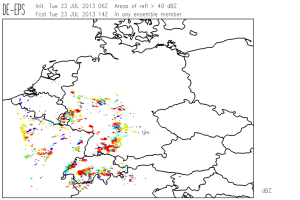 Fig. 4: COSMO-DE forecast for 14 UTC Tue 23 July 2013: areas of simulated radar reflectivity >40 dbZ in the individual EPS runs.