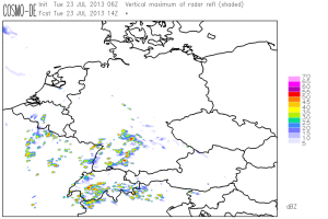 Fig. 6: COSMO-DE forecast for 14 UTC Tue 23 July 2013: simulated radat reflectivity according to the deterministic run.