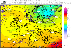 Fig 1: ECMWF forecasts of 500 hPa geopotential (black contours), temperature (color shades) and wind (barbs) for the week from Mon 15 July 2013 to Fri 19 July 2013 (12 UTC each day).