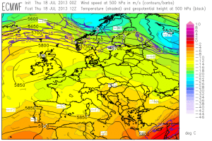 Fig. 1: ECMWF forecast of 500 hPa geopotential (black contour lines), temperatur (color shading) and wind (barbs) for 12 UTC Thu 18 July 2013.