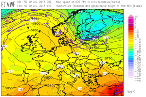 Fig. 1: ECMWF forecast for 12 UTC Fri 19 July 2013: 500 hPa geopotential (black contour lines), temperature (color shades) and wind (barbs).