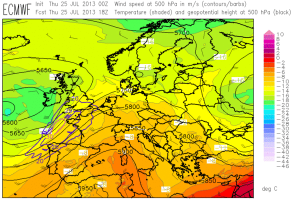 Fig. 2: ECMWF forecast for 500 hPa geopotential (black contour lines), temperature (color shading) and wind (barbs) for 18 UTC Thu 25 July 2013.