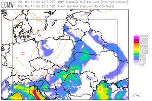 Fig. 3: ECMWF forecast for CAPE (color shading) and 0-6 km vertical wind shear (contour lines) at 12 UTC Thu 11 July 2013.