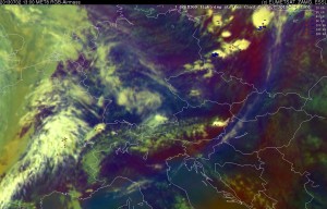 Fig. 3: RGB air mass satellite product at 1300 UTC Tue 2 July 2013 plus lightning detections.