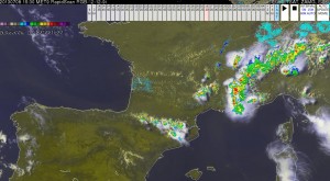 Fig. 4: Nowcast Monitor display at 1530 UTC 8 July 2013: E-view satellite image and CERAD radar composite.