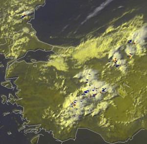 Fig. 1: Nowcast display at 1450 UTC Mon 15 July 2013 (zoom on Turkey): E-View satellite channel and detected lightning within the last 5 minutes.